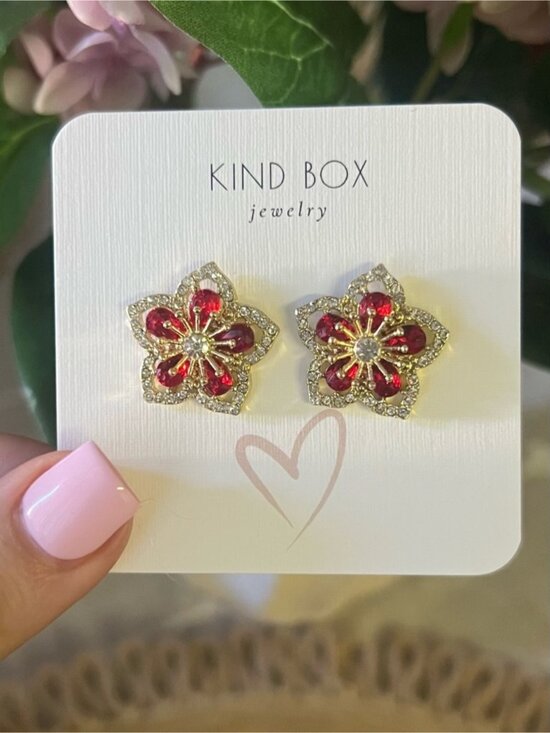 Jewelry - Gold & Red Floral Crystal Stud Earrings